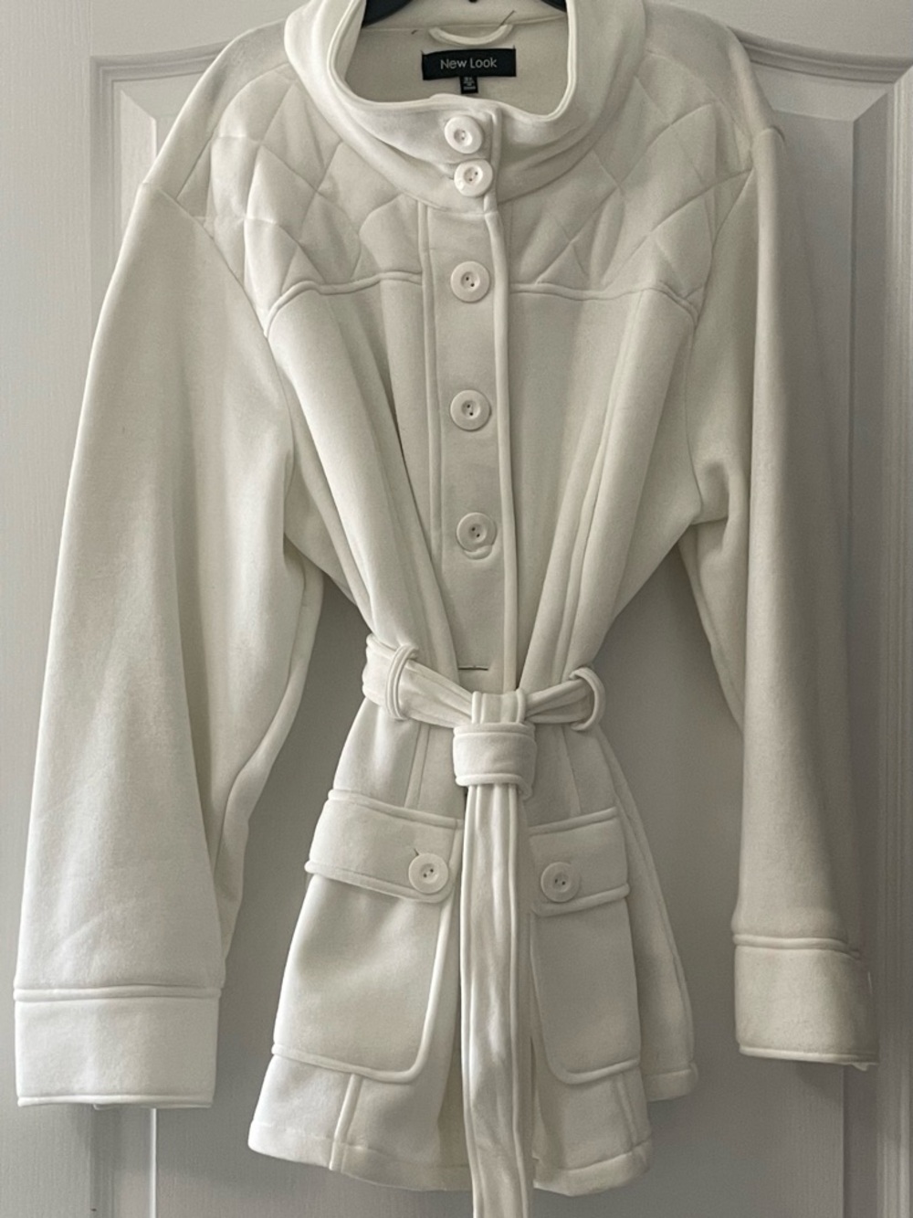 Cream Quilted Funnel Neck Belted Coat